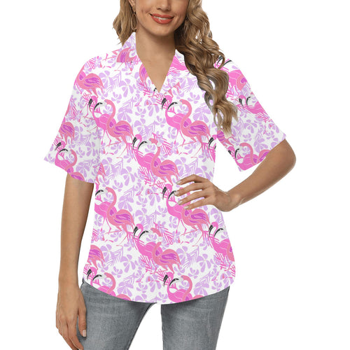 Pink flamingo flower pattern Women's All Over Print Hawaiian Shirt