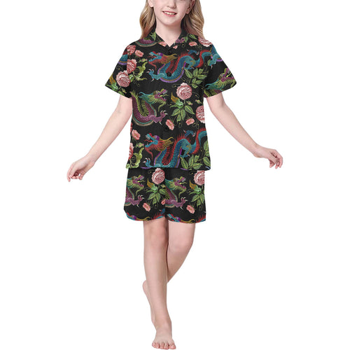 Dragons flower pattern Kids' Boys' Girls' V-Neck Short Pajama Set