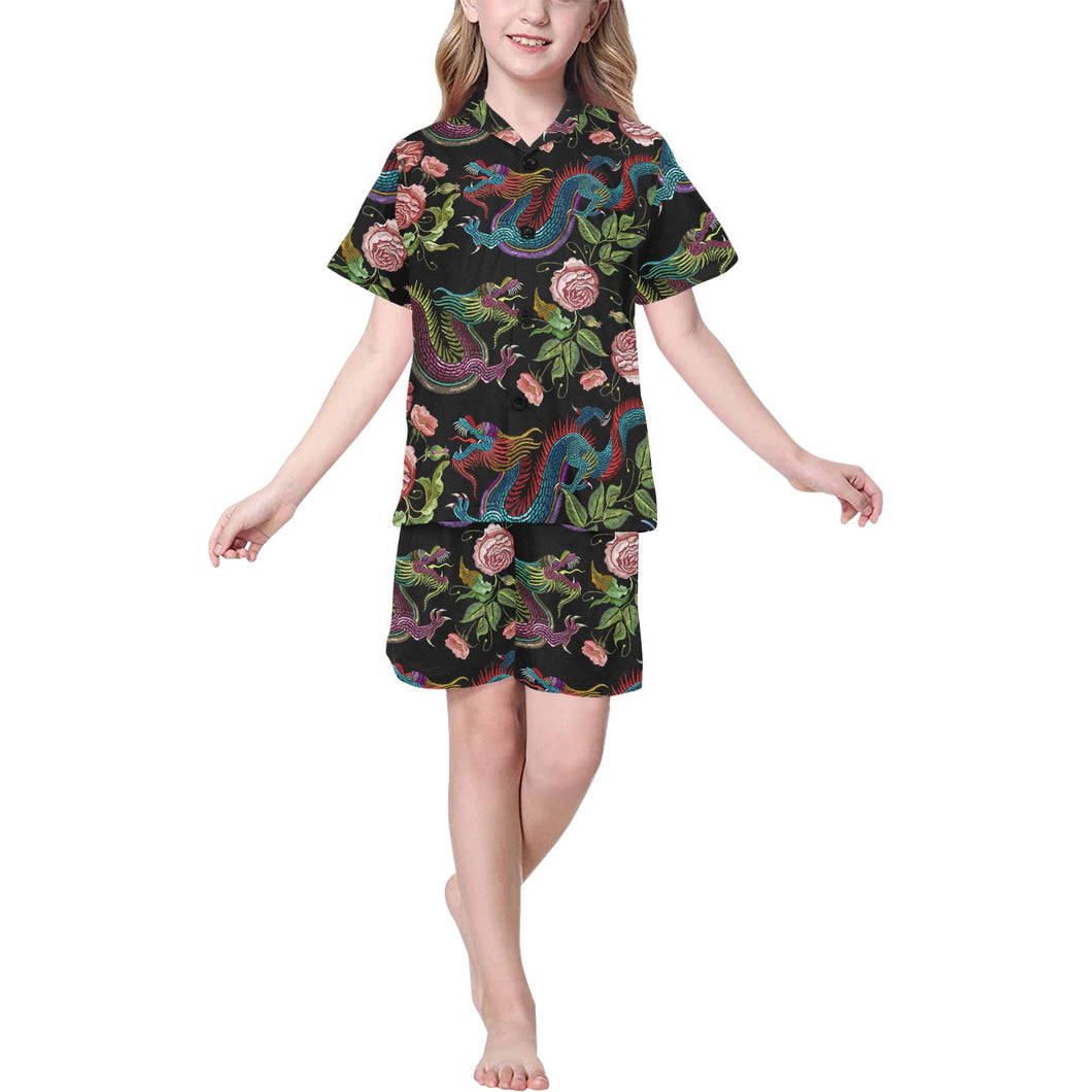 Dragons flower pattern Kids' Boys' Girls' V-Neck Short Pajama Set