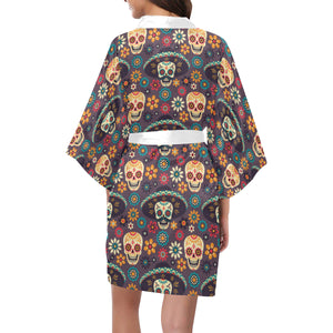 Sugar skulls flower maxican pattern Women's Short Kimono Robe