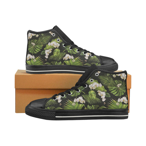 White orchid flower tropical leaves pattern blackg Women's High Top Canvas Shoes Black