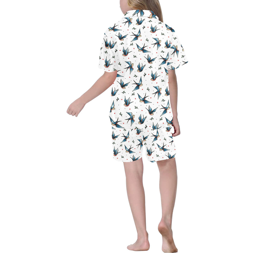 Swallow Pattern Print Design 04 Kids' Boys' Girls' V-Neck Short Pajama Set