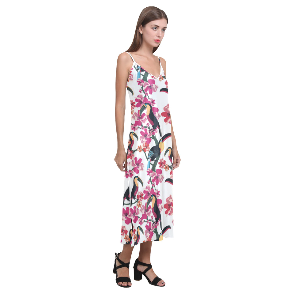 Toucan flower design pattern V-Neck Open Fork Long Dress