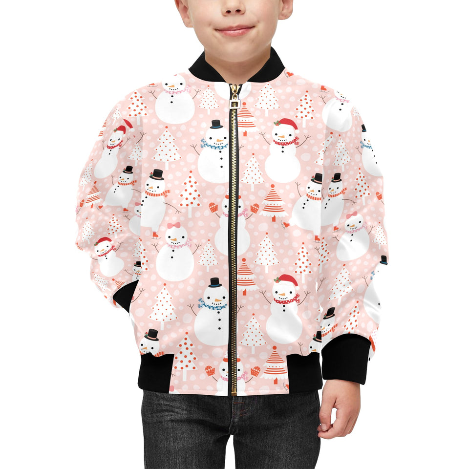 Cute snowman christmas tree snowpink background Kids' Boys' Girls' Bomber Jacket