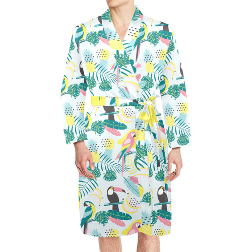 Cute parrot toucan flamingo cactus exotic leaves p Men's Long Sleeve Belted Night Robe