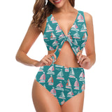 Cute sailboat pattern Chest Bowknot High Waisted Bikini Swimsuit