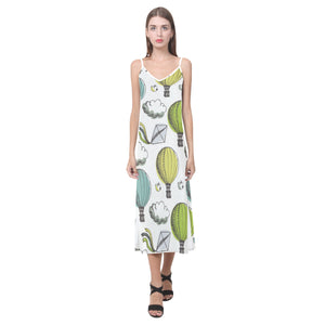 Hot Air Balloon Bird Cloud Pattern V-Neck Open Fork Long Dress