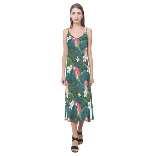Parrot Palm tree leaves flower hibiscus pattern V-Neck Open Fork Long Dress