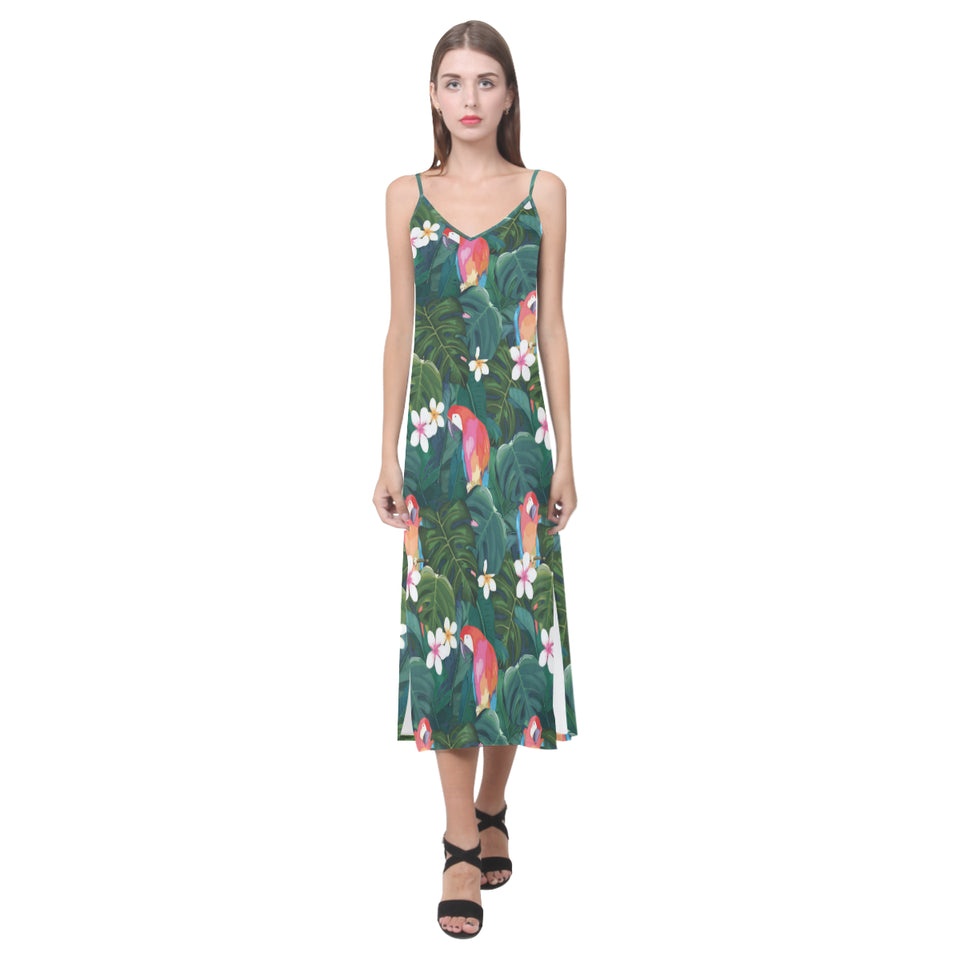 Parrot Palm tree leaves flower hibiscus pattern V-Neck Open Fork Long Dress