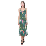 Parrot Palm tree leaves flower hibiscus pattern V-Neck Open Fork Long Dress