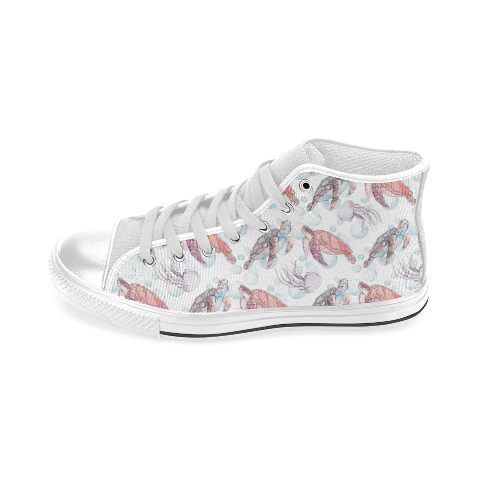 Watercolor sea turtle jellyfish pattern Men's High Top Canvas Shoes White