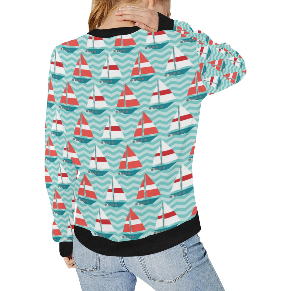 Red White sailboat wave background Women's Crew Neck Sweatshirt