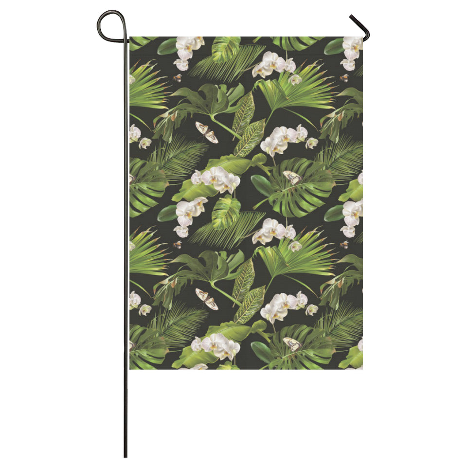 White orchid flower tropical leaves pattern blackg House Flag Garden Flag