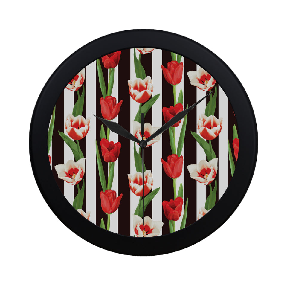 red and white tulips pattern Elegant Black Wall Clock