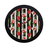 red and white tulips pattern Elegant Black Wall Clock