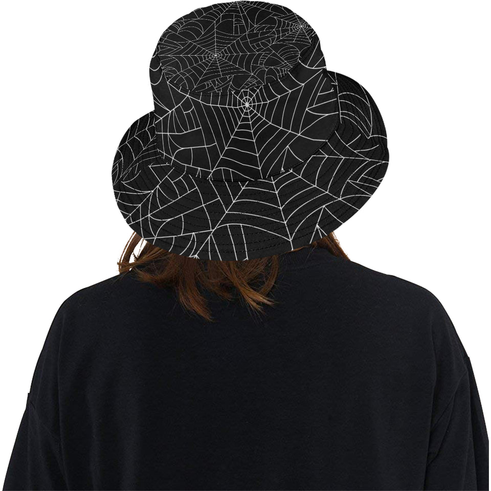 Spider web pattern Black background white cobweb Unisex Bucket Hat