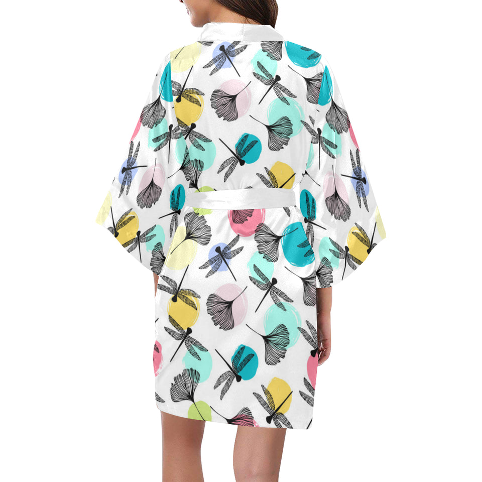 Dragonflies ginkgo leaves pattern Women's Short Kimono Robe