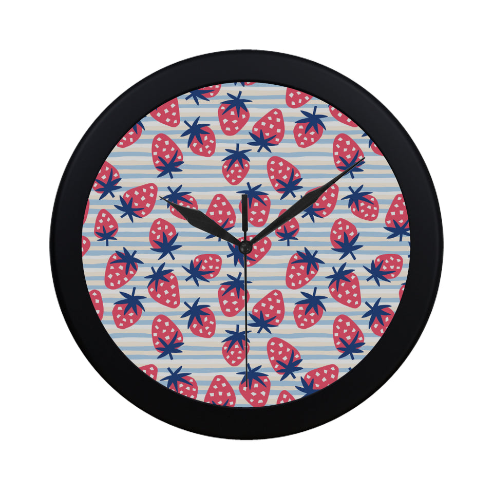 Strawberry pattern blue lines background Elegant Black Wall Clock