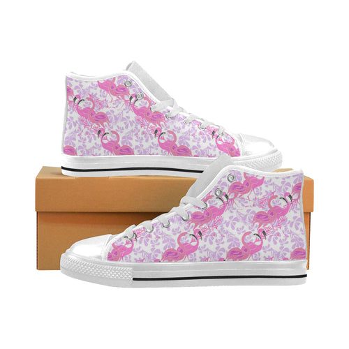 Pink flamingo flower pattern Men's High Top Canvas Shoes White