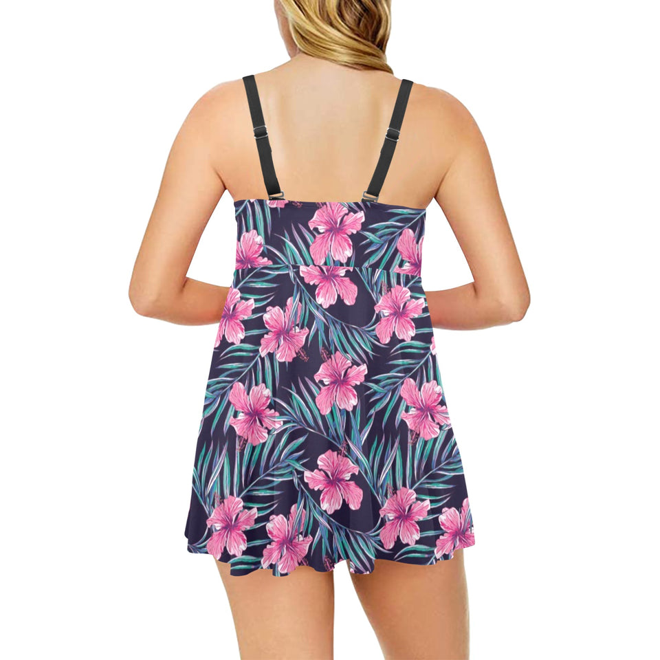 Hibiscus Pattern Print Design 05 Chest Sexy Pleated Two Piece Swim Dress