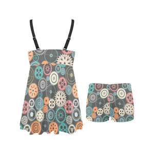 Gear Pattern Print Design 05 Chest Sexy Pleated Two Piece Swim Dress