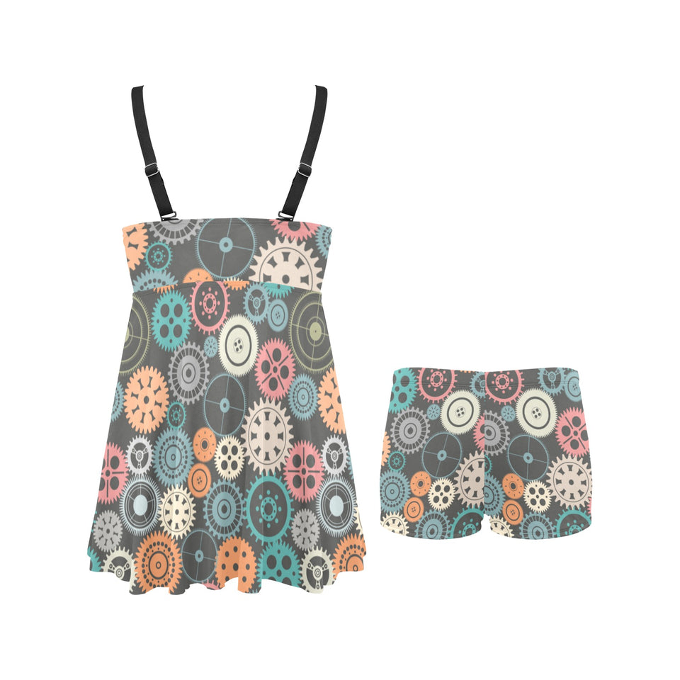 Gear Pattern Print Design 05 Chest Sexy Pleated Two Piece Swim Dress