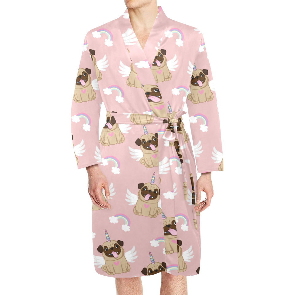 Cute unicorn pug pattern Men's Long Sleeve Belted Night Robe