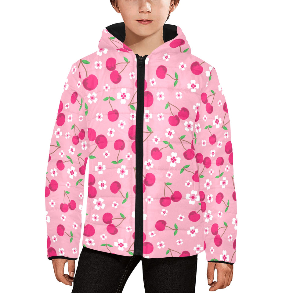 cherry flower pattern pink background Kids' Boys' Girls' Padded Hooded Jacket