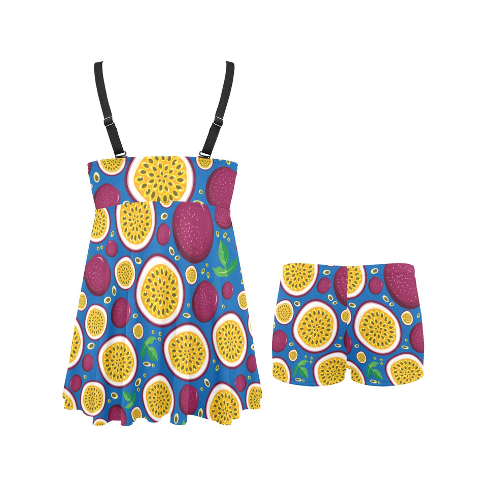 Passion fruit blue background Chest Sexy Pleated Two Piece Swim Dress