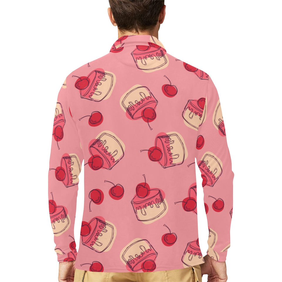 Cake cherry pattern Men's Long Sleeve Polo Shirt
