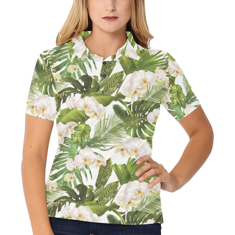 White orchid flower tropical leaves pattern Women's All Over Print Polo Shirt