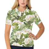 White orchid flower tropical leaves pattern Women's All Over Print Polo Shirt
