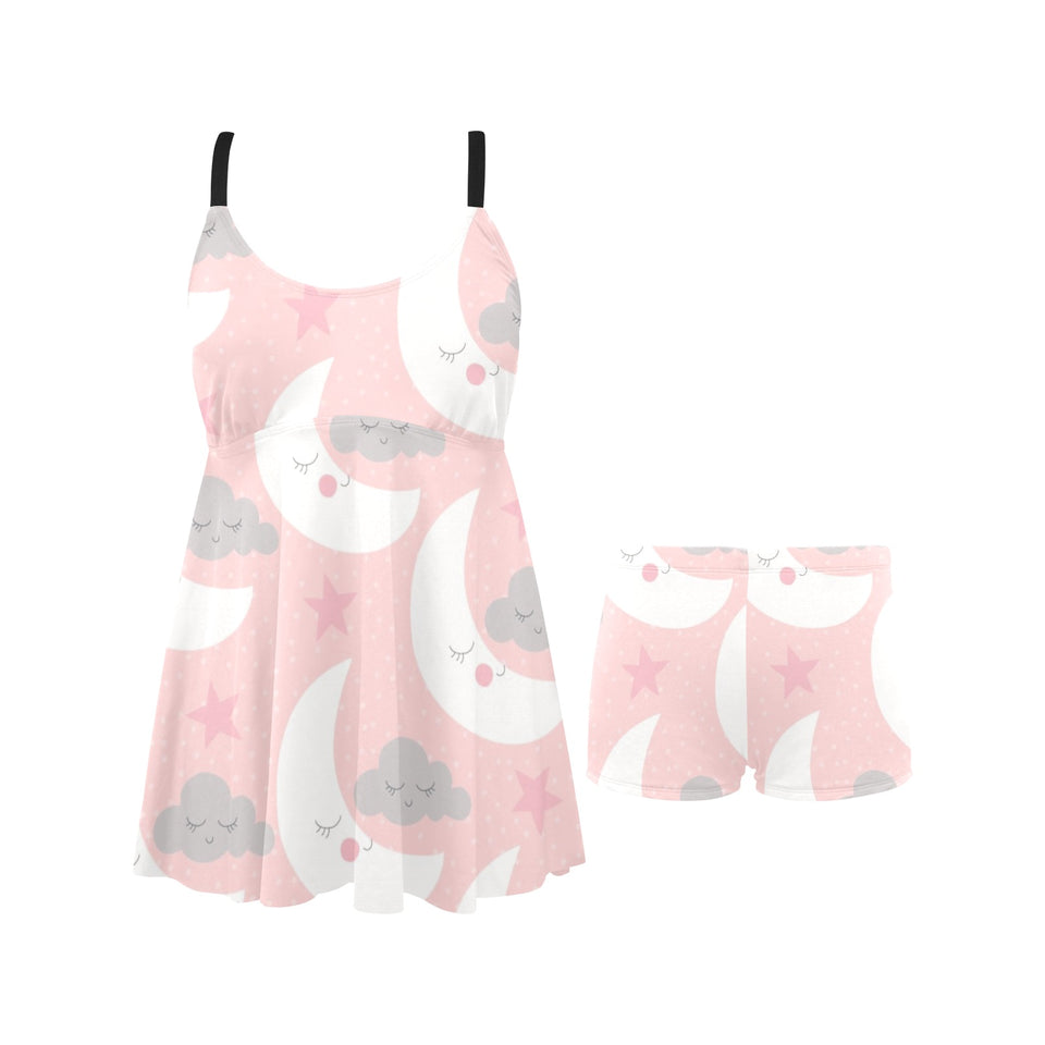Cute moon cloud star pattern pink dot background Chest Sexy Pleated Two Piece Swim Dress