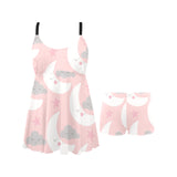 Cute moon cloud star pattern pink dot background Chest Sexy Pleated Two Piece Swim Dress