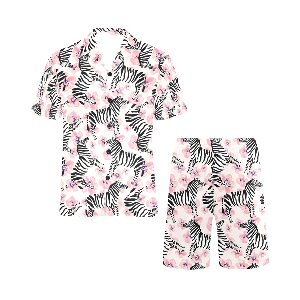 Zebra pink flower background Men's V-Neck Short Pajama Set