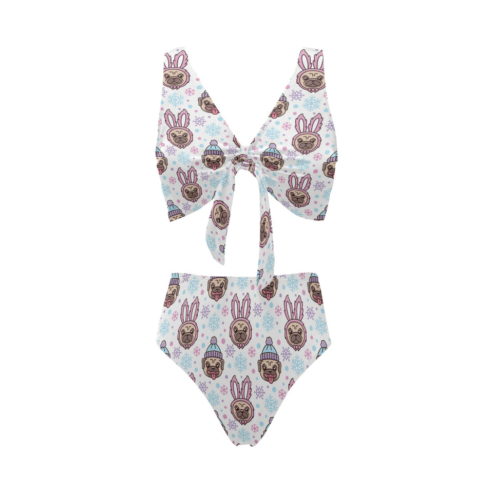 Cute pug hat rabbit costume pattern Chest Bowknot High Waisted Bikini Swimsuit