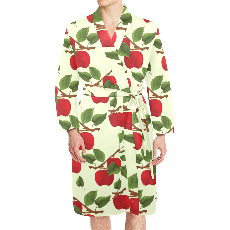 Red apples leaves pattern Men's Long Sleeve Belted Night Robe