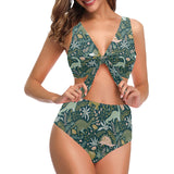 dinosaurs tropical leaves flower pattern Chest Bowknot High Waisted Bikini Swimsuit