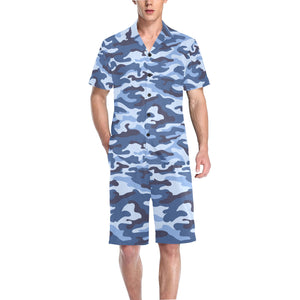 Blue camouflage pattern Men's V-Neck Short Pajama Set