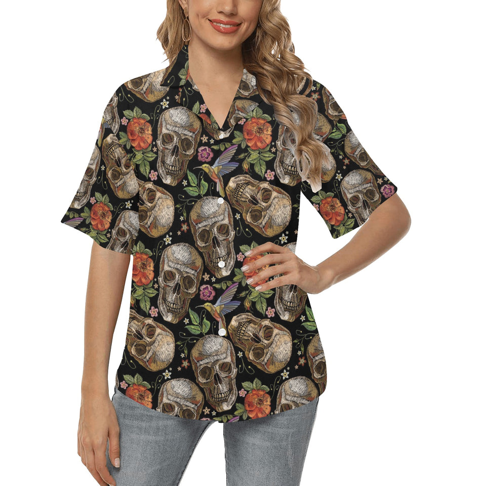 Skull rose humming bird flower pattern Women's All Over Print Hawaiian Shirt