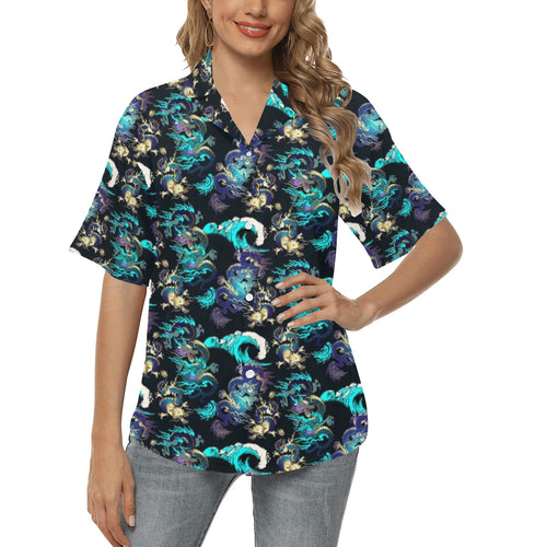 Dragon sea wave pattern Women's All Over Print Hawaiian Shirt