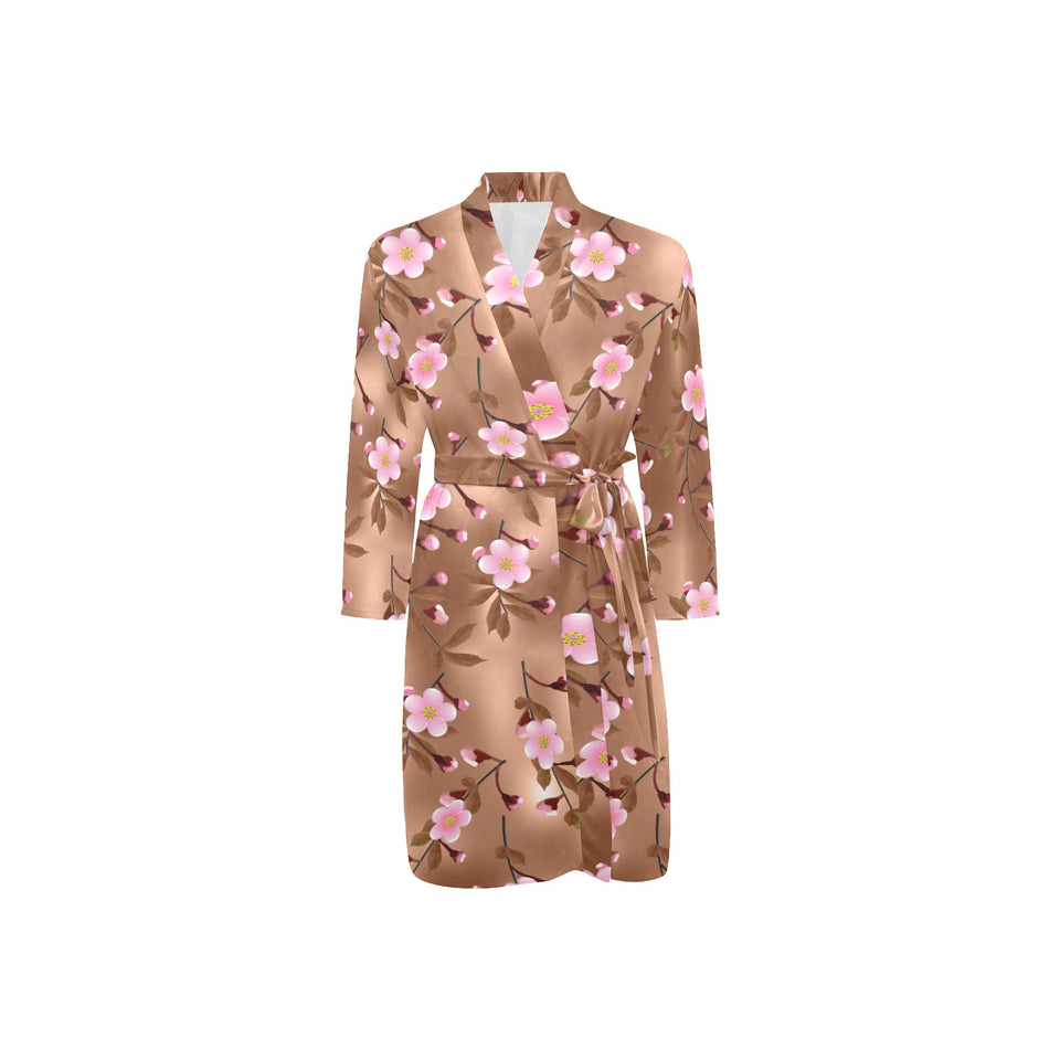 Pink sakura cherry blossom drak brown background Men's Long Sleeve Belted Night Robe