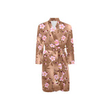 Pink sakura cherry blossom drak brown background Men's Long Sleeve Belted Night Robe