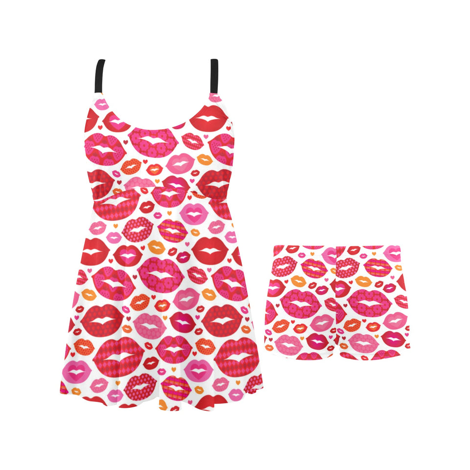 Lips Pattern Print Design 01 Chest Sexy Pleated Two Piece Swim Dress