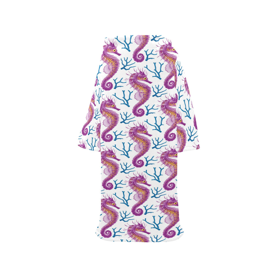 Purple seahorse blue coral pattern Blanket Robe with Sleeves