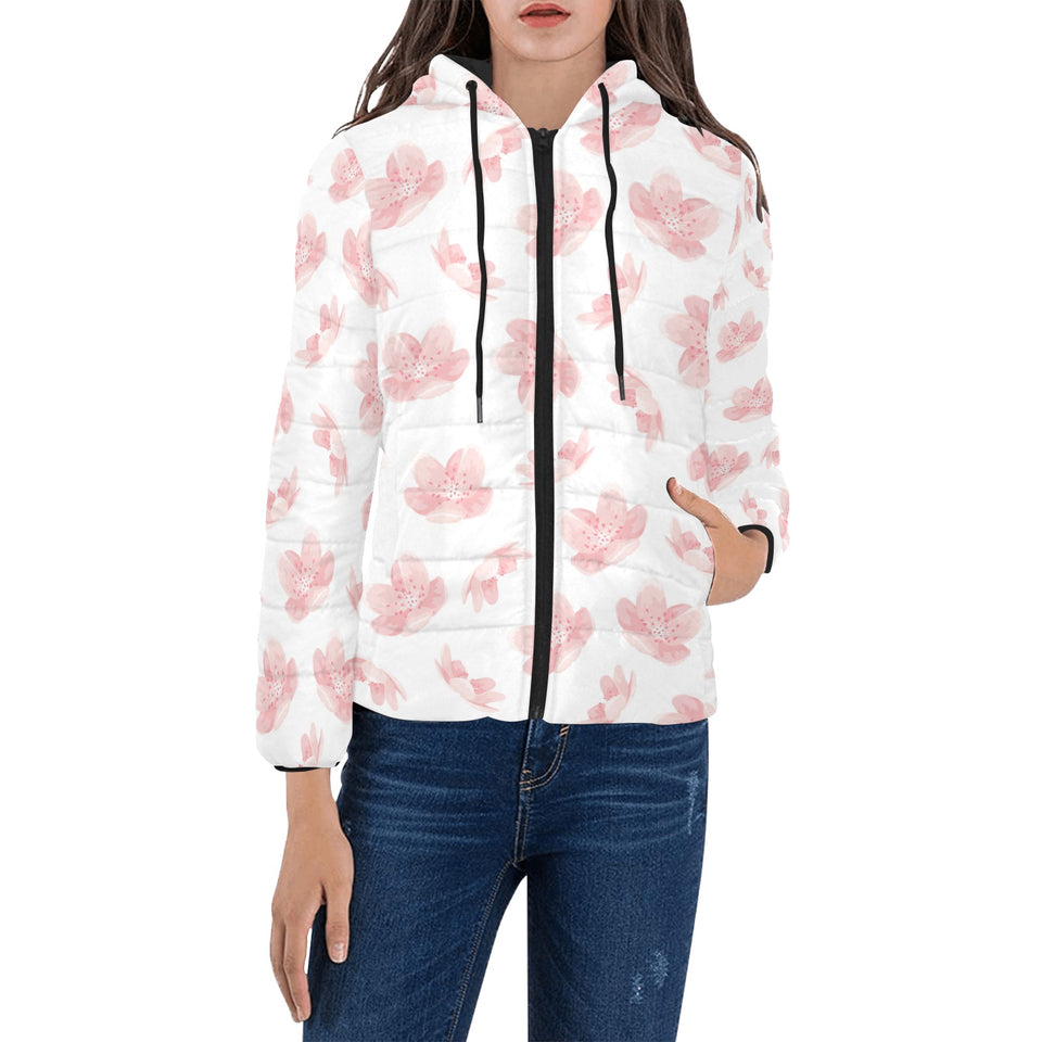 Pink sakura cherry blossom pattern Women's Padded Hooded Jacket