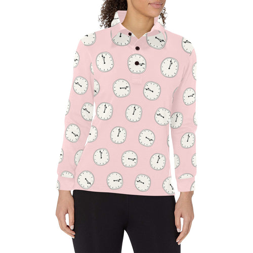 Clock pattern pink blackground Women's Long Sleeve Polo Shirt