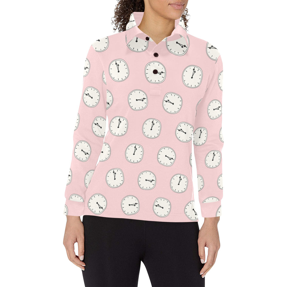 Clock pattern pink blackground Women's Long Sleeve Polo Shirt