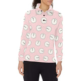 Clock pattern pink blackground Women's Long Sleeve Polo Shirt