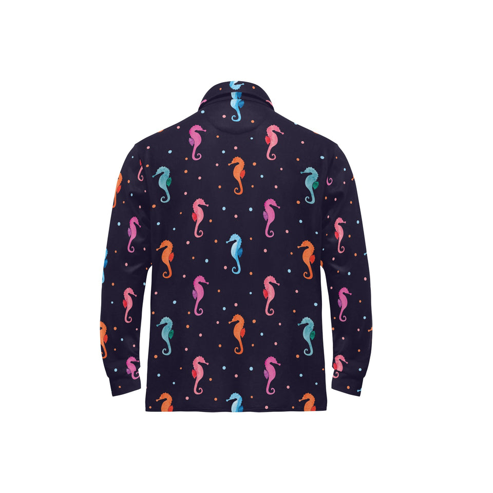 Watercolor colorful seahorse pattern Men's Long Sleeve Polo Shirt